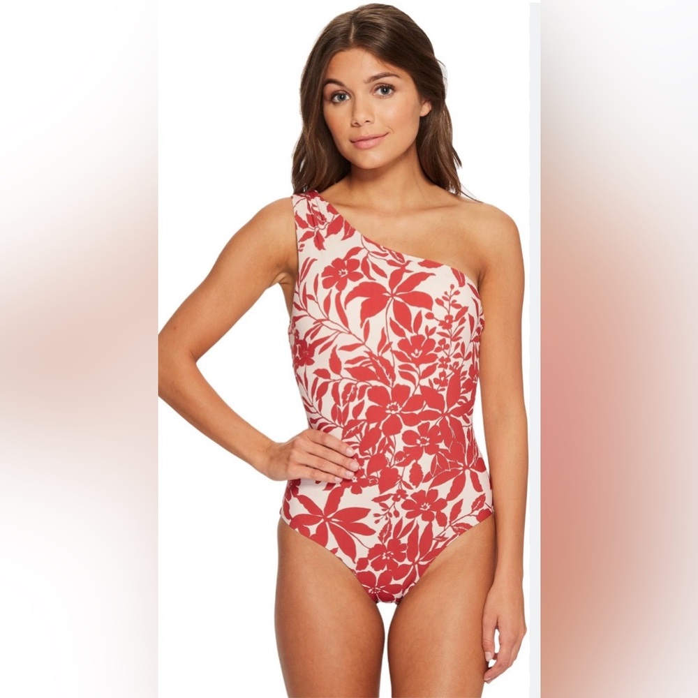 Red Carter One-Shoulder Floral Swimsuit - Red and Ivory